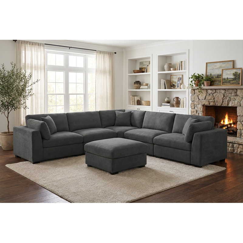 Oversized Upholstered Sectional Sofa, Modular Cloud Sectional Couch With Ottoman, Cream