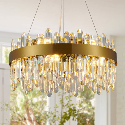12-Lights Modern Golden Round Crystal Chandelier, 21 "Diameter, Height Adjustable, Suitable for Living Room, Dining Room, Bedroom, Kitchen Island, Porch