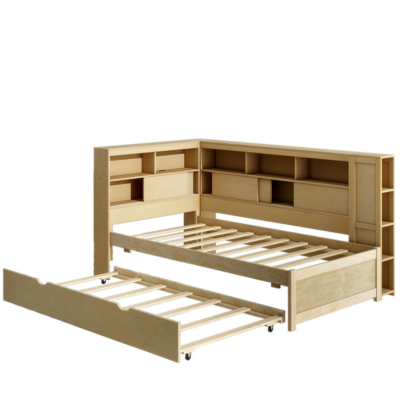 Lit de jour en bois avec tablettes de rangement, USB et lit gigogne, Naturel