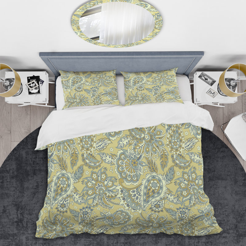 Ensemble de housse de couette motif floral à motif cachemire vert et gris, Housse de couette pour grand lit et 2 taies décor