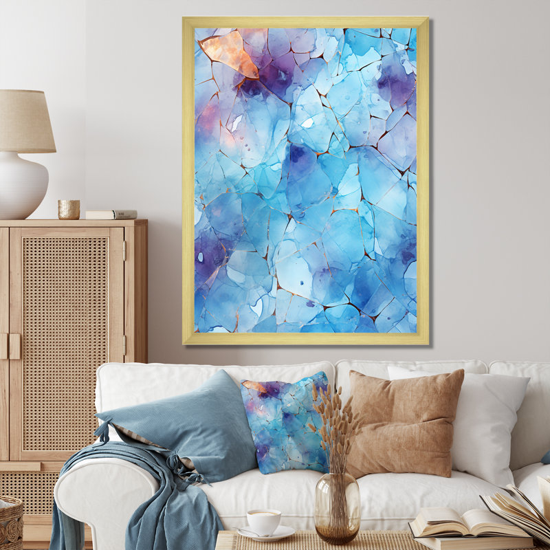 Blue Frosty Collage I - Abstract Collages, art mural, Cadre doré simple, H 20 po x l 12 po x P 1 po
