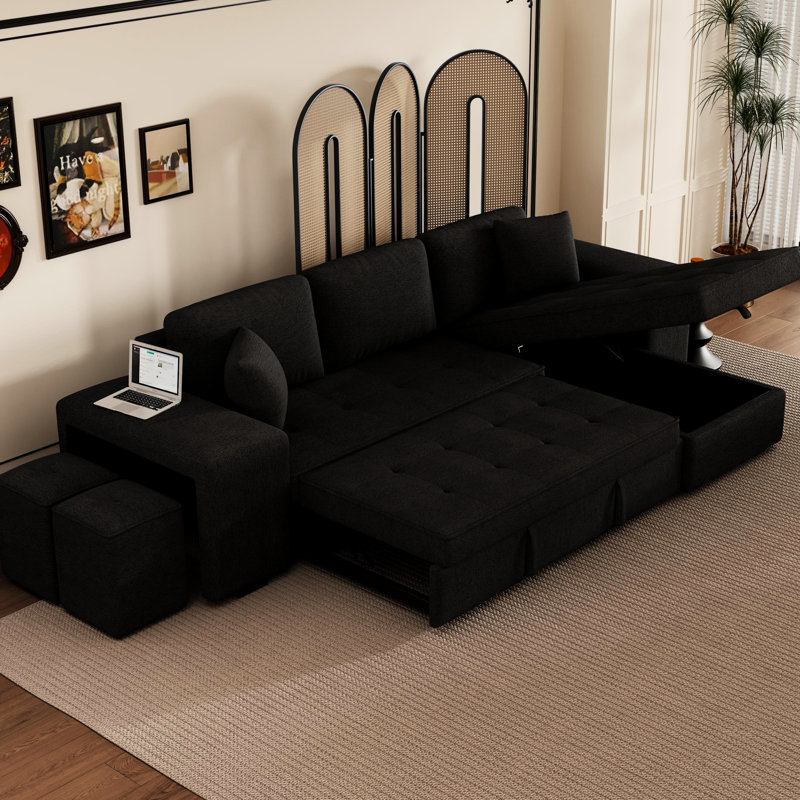 Canapé d'angle en L avec canapé-lit confortable, méridienne de rangement et 2 poufs, gris anthracite, style moderne réversible