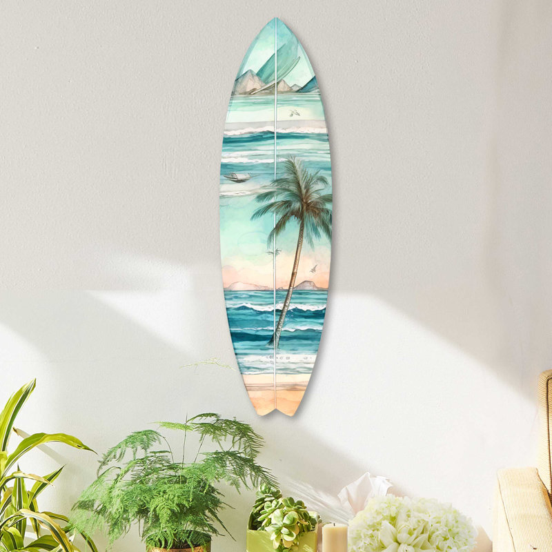 Small Tropical Palm Surfboard Coastal Wall Art in Birchwood