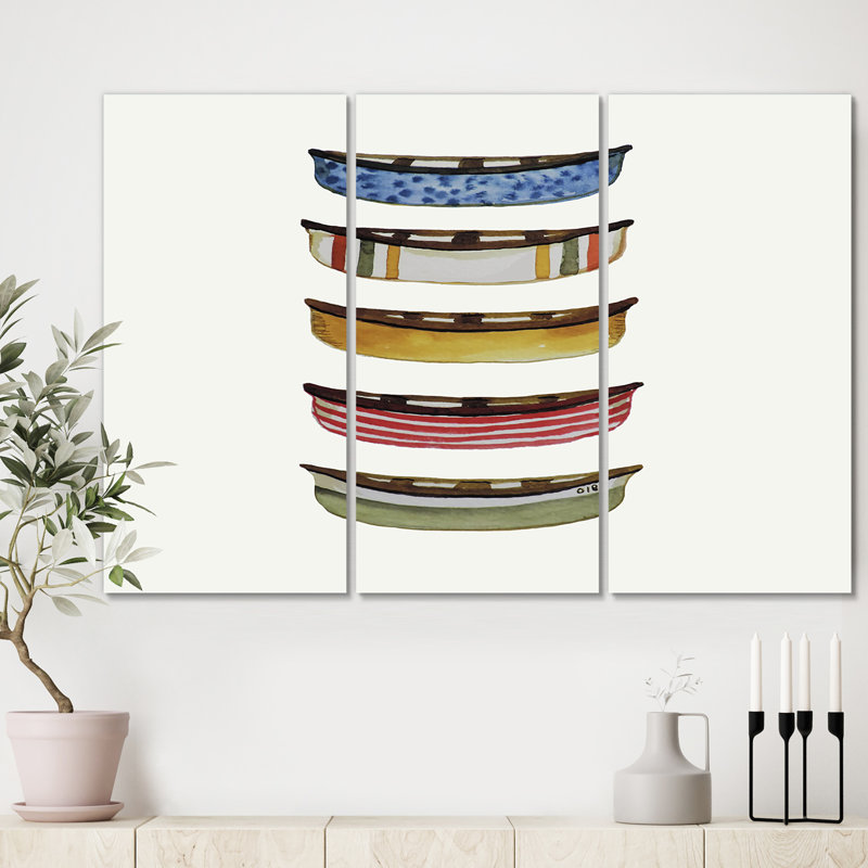 « cinq canoës », peinture sur toile multi-pièces