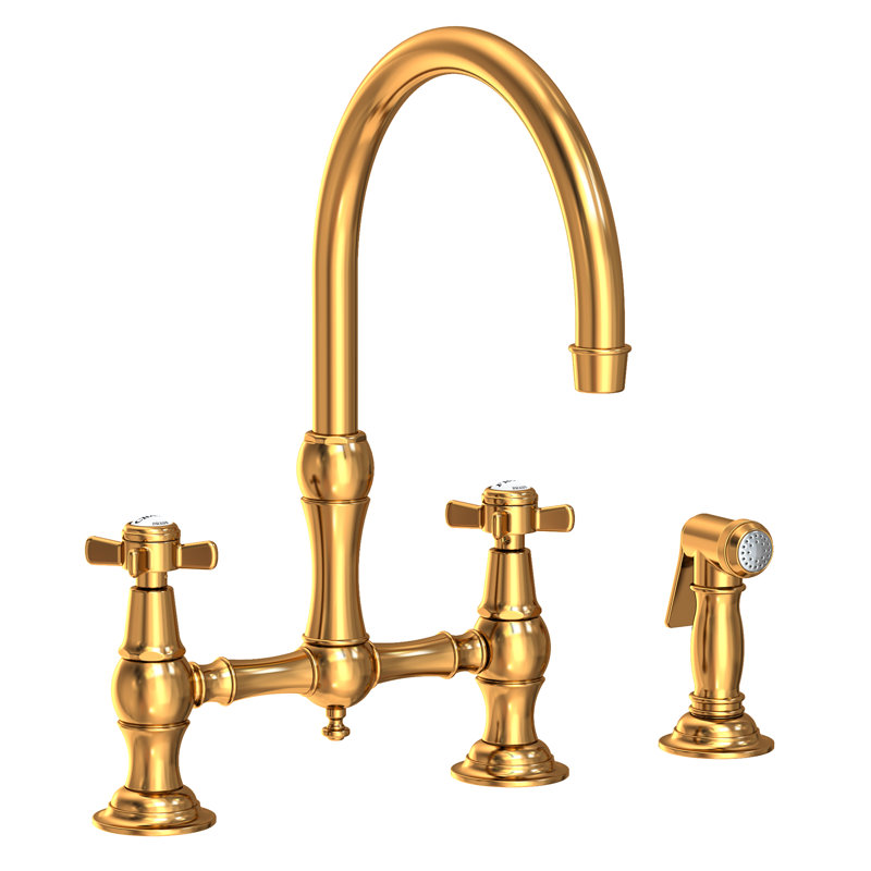 Fairfield Kitchen Bridge Faucet with Side Spray, Aged Brass