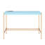 Bureau d'écriture rectangulaire bleu doré avec construction fixe intégrée, finition brillante, plateau en bois blanc et base en métal ouverte, largeur de produit de 20 pouces avec port, largeur ultrabrillante