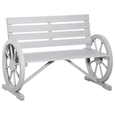 Outsunny 41" Wooden Wagon Wheel Bench, Rustic Outdoor Patio Weather Resistance Furniture, 2-Person Slatted Seat Bench With Backrest, Light Gray