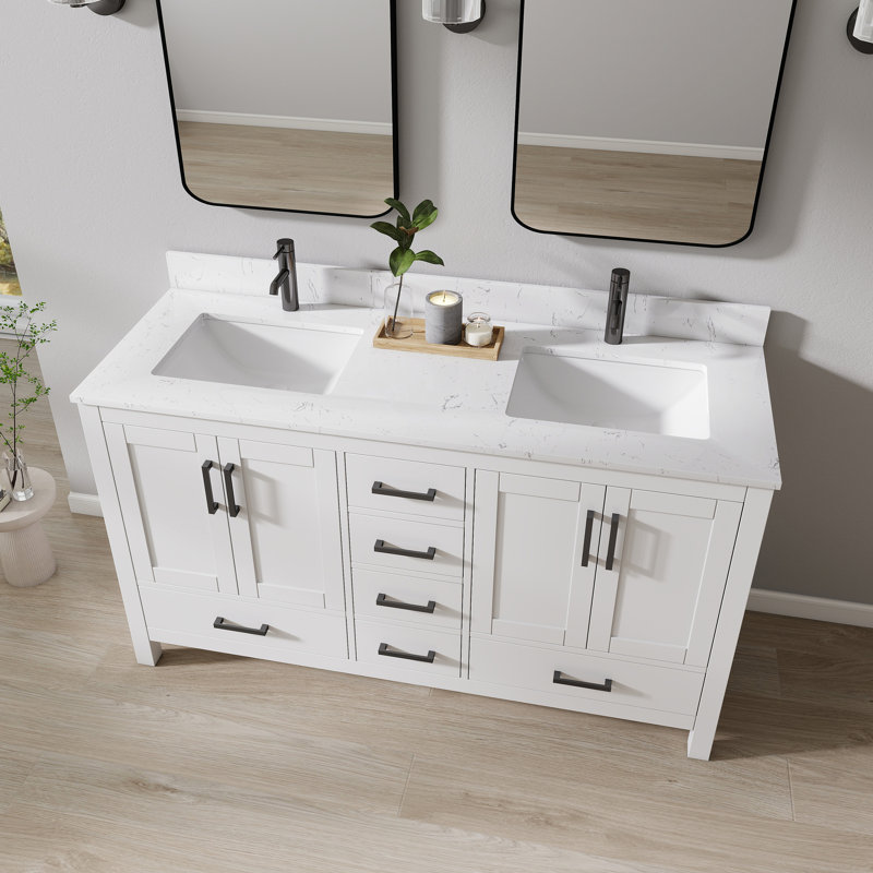 Ensemble de meuble-lavabo autoportant 60 po avec lavabo double 60 po, White, 60"