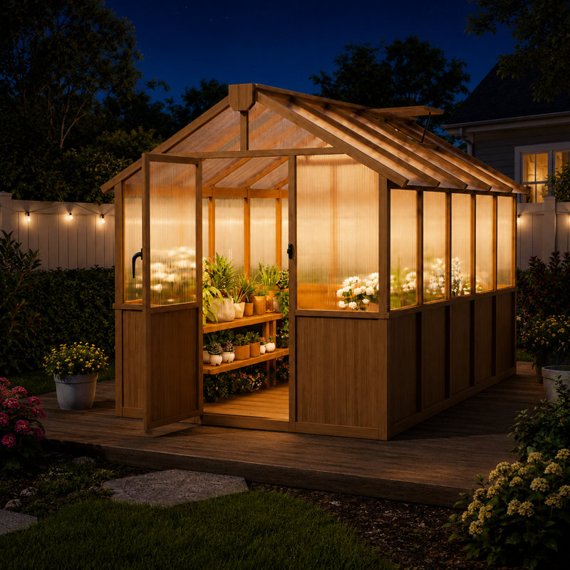 6 ft. x 10 ft. Wood Walk-In Greenhouse with Polycarbonate Panels and Roof Vent, Brown Wood, 6ft.Wx12ft.D