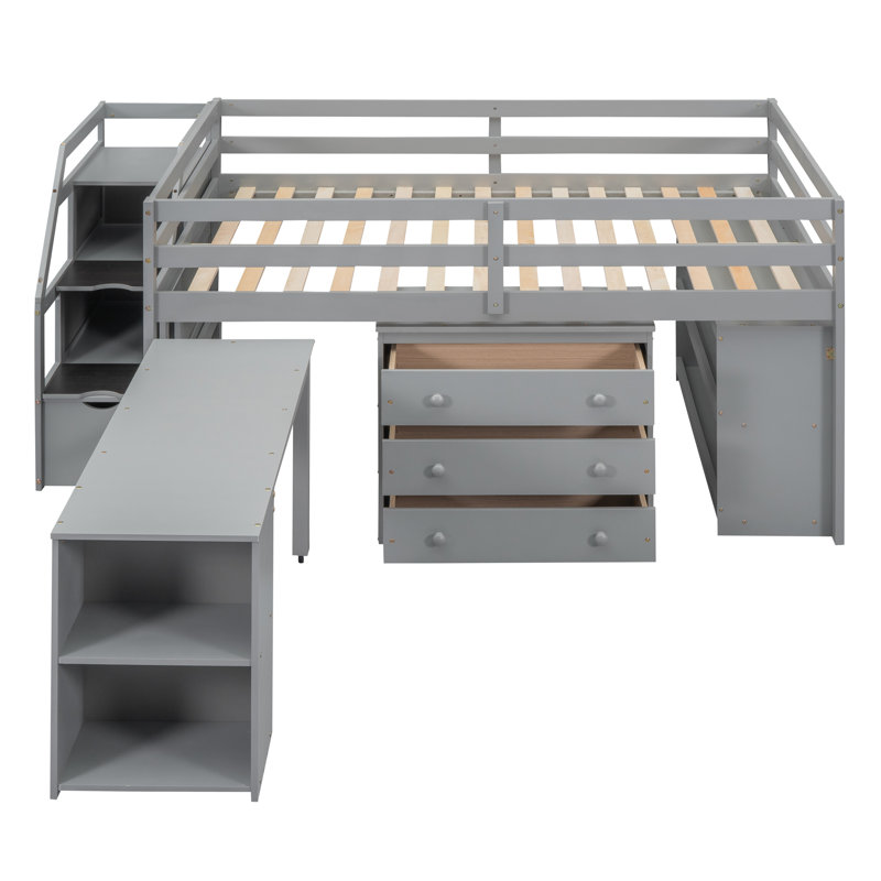Harriell Space-Saving Full Size Loft Bed with Stair Storage, Desk and Extra Drawers and Shelves, Gray