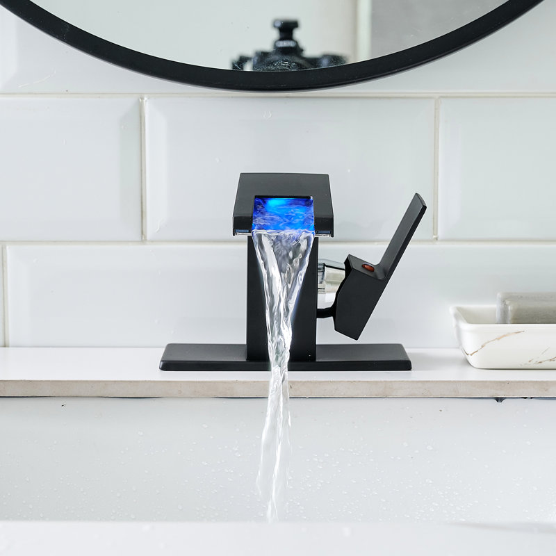 Robinet de lavabo de salle de bain à DEL avec bec cascade à 3 couleurs changeantes, fixation sur le pont, mélangeur d'eau chaude et froide, robinet de lavabo noir, couleurs changeantes, poignée simple, fixation à un trou,