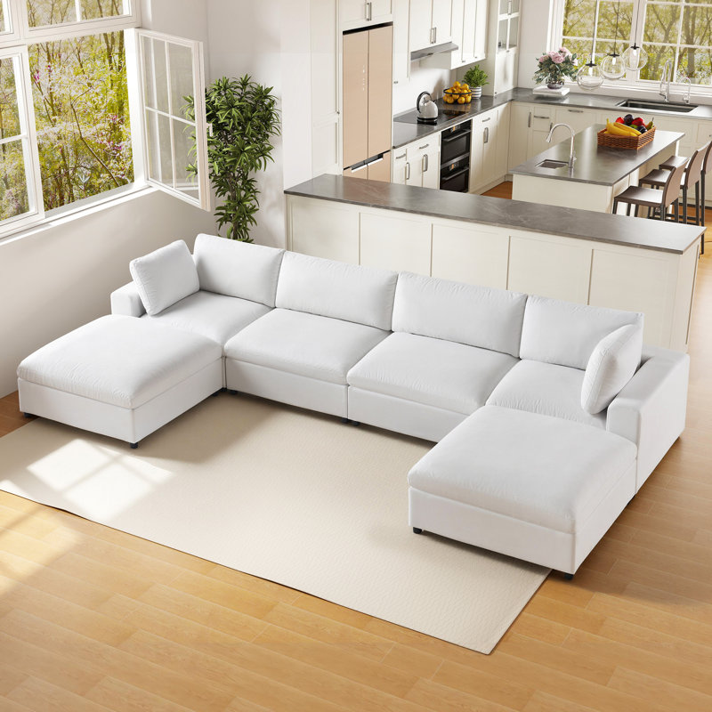Oversized 152" 6-Seater U-Shaped Down-Filled Modular Sectional Sofa With Chaise, White, White Linen, 33.5" H x 152" W x 68" D
