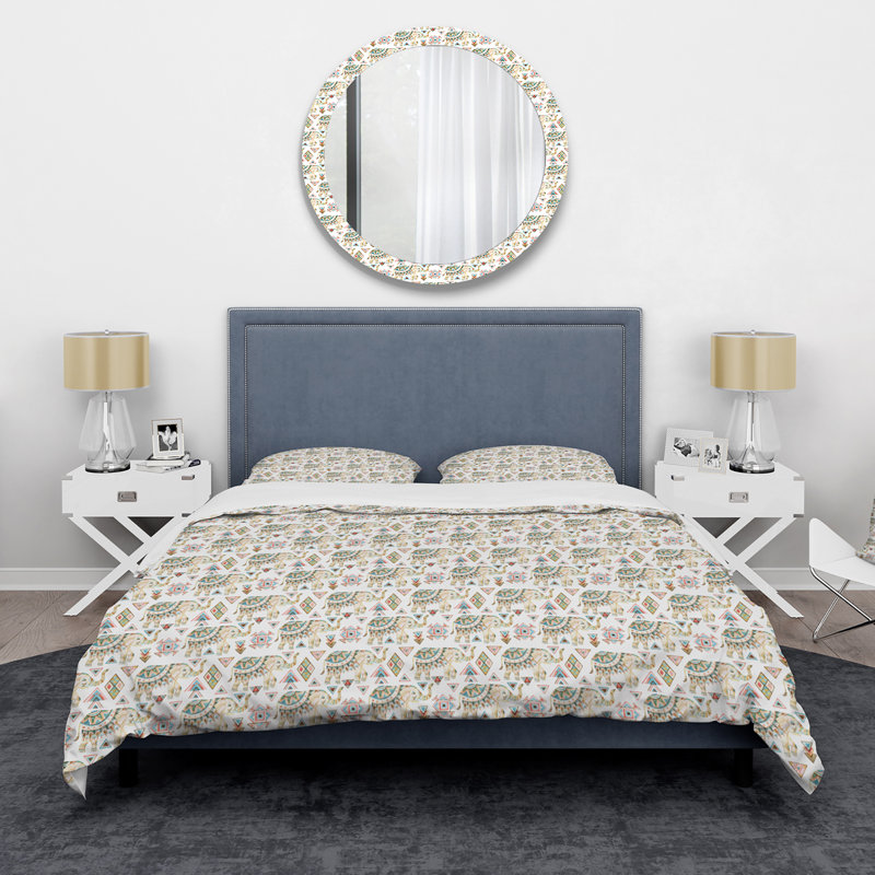 Indian Elephants With Tribal Geometrics I - Ensemble de housse de couette traditionnel - Polyester en microfibre