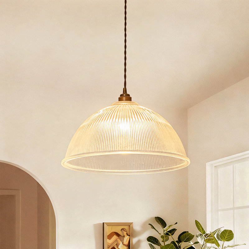 Vintage Large Single Light Dome-Shaped Striped Glass Pendant Light    , 38 cm W