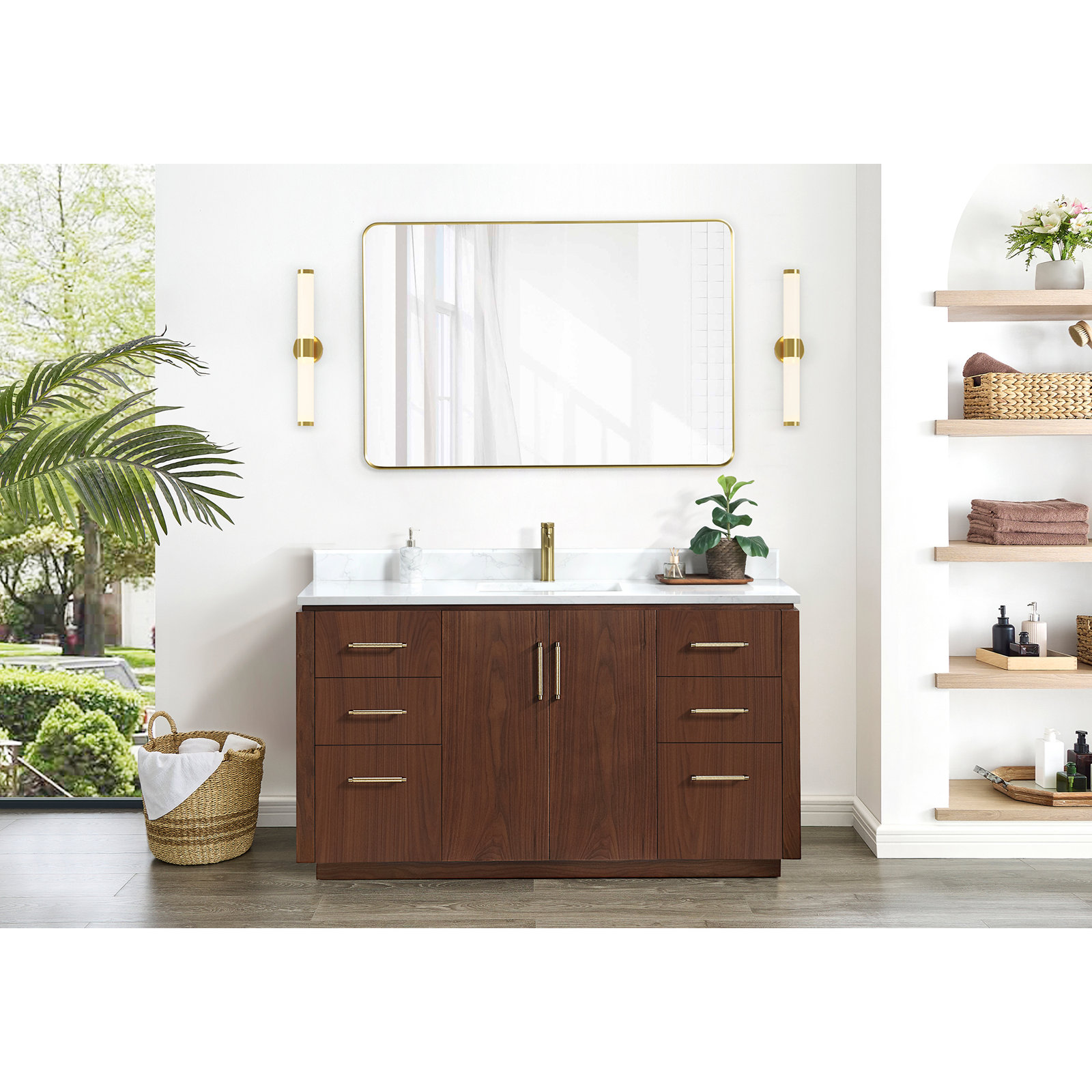 Cloverfield 60'' Single Bathroom Vanity, Natural Walnut, Gold