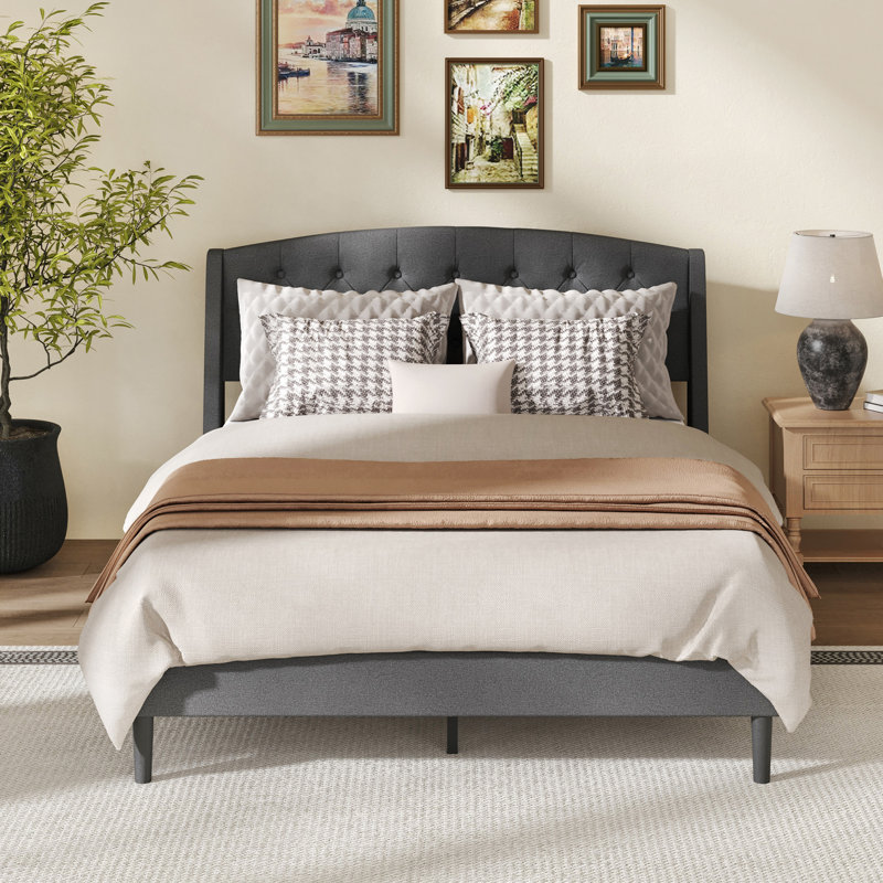Upholstered Platform Bed With Wingback Headboard，Wood & Metal Frame, Underbed Storage, Gray, Full