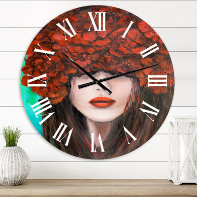 Portrait d'une jeune femme avec des fleurs rouges - horloge murale moderne