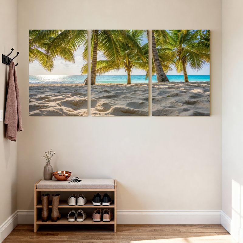 Palmiers, plage tropicale, palmiers, océan, sable, sable, soleil, horizon, ensemble de 3 impressions sur toile