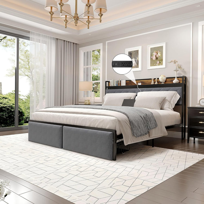 Axyl Bed Frame with 2 Storage Drawers, LED Bed Frame with 2-Tier Storage Headboard&Charging Station, Metal Platform Bed Frame, No Box Spring Needed