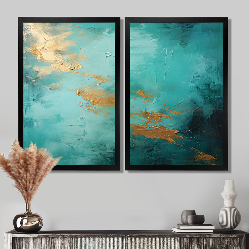 «Turquoise Tranquility - Abstract Landscape Wall Art», ensemble de 2 impressions sur toile bleu sarcelle, 40" H x 40" W, Noir