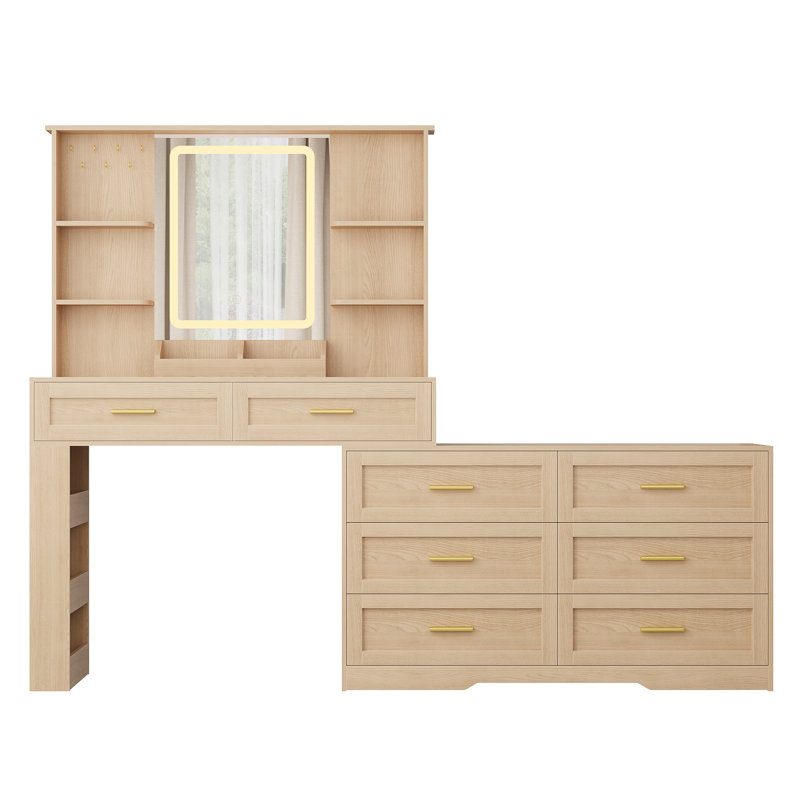 81"W Large Makeup Vanity with Adjustable LED Lighting and Charge Station, Natural