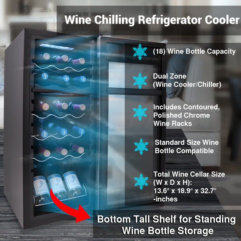 NutriChef 18 Bottle Dual Zone Stainless Steel Freestanding Wine Cooler