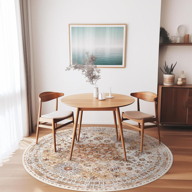 Medallion Non Slip Washable Rug(Orange), Round 5'