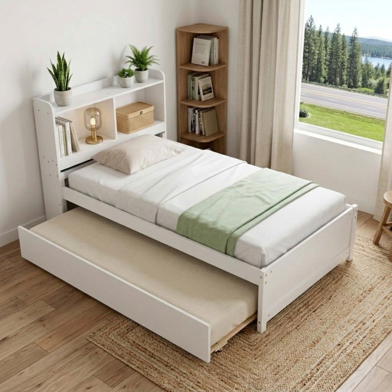 Practical bed frame with bedside storage and trundle bed for bedrooms, twin size, White
