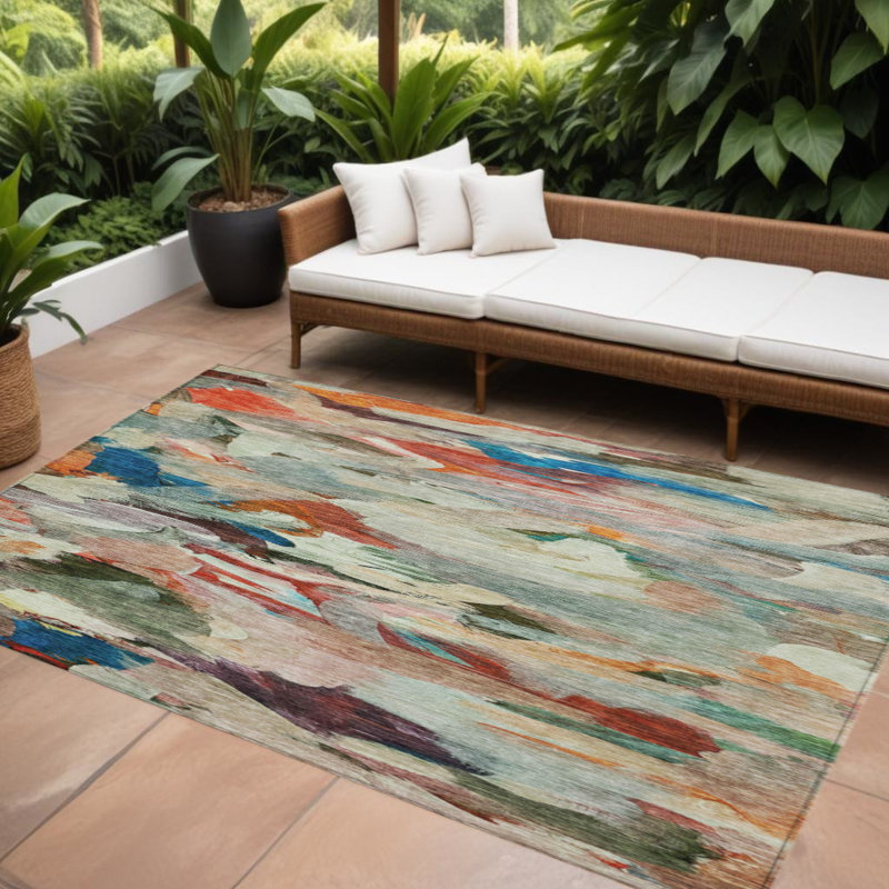 Tapis intérieur / extérieur bleu sarcelle lavable abstrait 10 pi x 14 pi HomeRoots