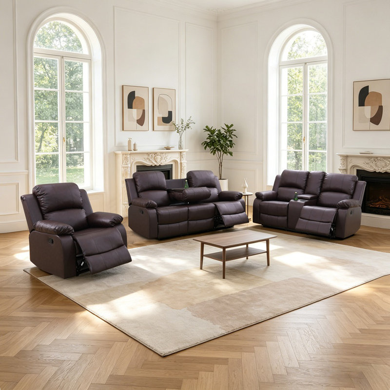 3 Piece Vegan Leather Manual Reclining Living Room Sofa Set, Espresso Faux Leather