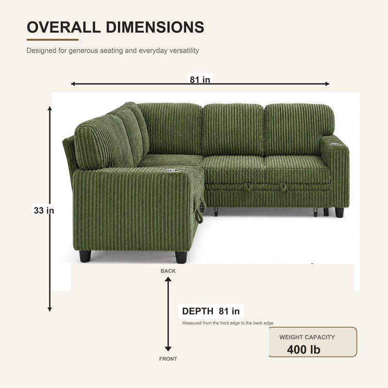 Canapé d'angle convertible 5 places en velours côtelé, réversible, avec rangement et port USB, vert olive, Vert olive
