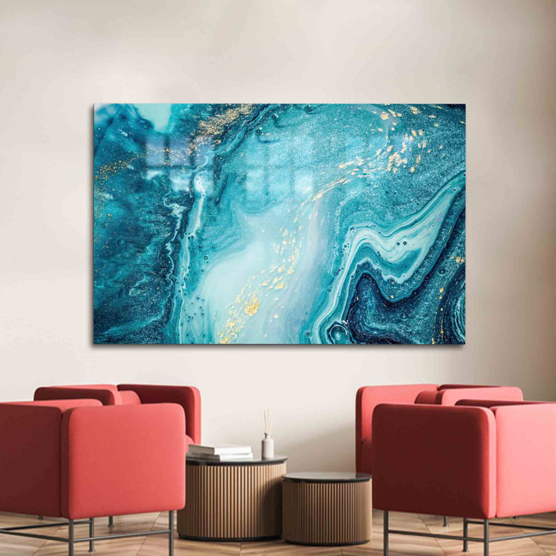 Art mural abstrait en marbre bleu sur verre trempé moderne pour une décoration murale de luxe, H 35,4 po x l 59,1 po