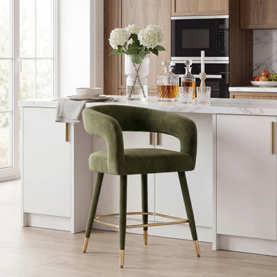 Tabouret de bar 24 po en velours à hauteur de comptoir avec repose-pieds doré