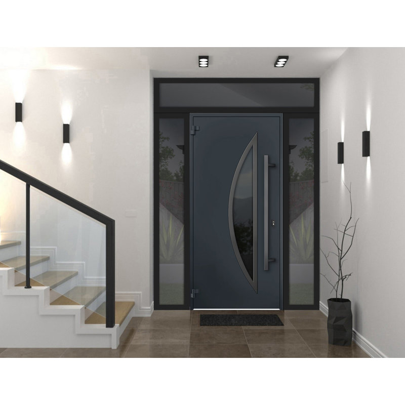 Porte d'entrée extérieure prémontée en acier Deux 6501 Anthracite, 2 fenêtres latérales et supérieures, inserts en acier inoxydable, style moderne, peinte - L 12+36+12 x H 80+16 - Ouverture droite vers l'intérieur