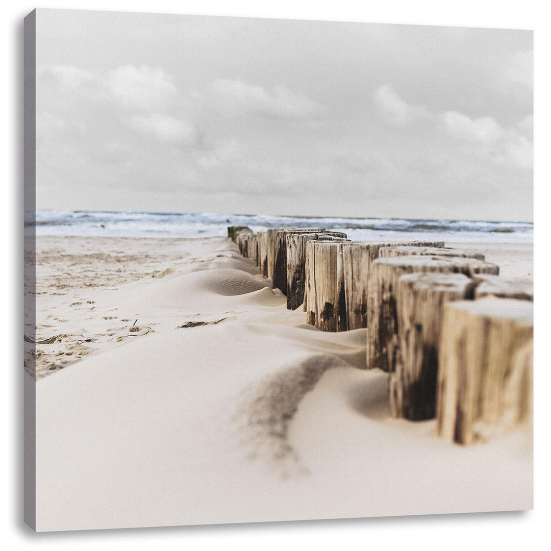 Nahaufnahme Steg Aus Holzpföcken Am Meer B&W Detail Als Leinwandbild Quadratisch