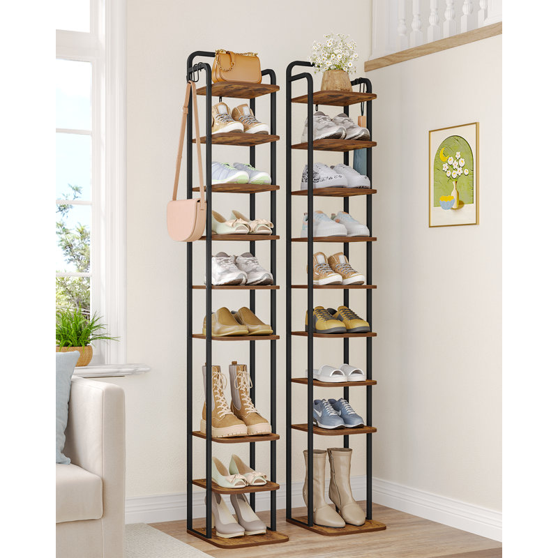 Vertical Shoe Rack, Shoe Shelves, Wood Shoe Organizer for Closet, Entryway, Shoe Tower for Small Spaces, Free Standing, Adjustable, with 2 Hooks