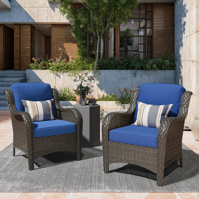 Guillen Wicker/rattan Patio Chair With Cushions, Blue Cushion/Brown Frame