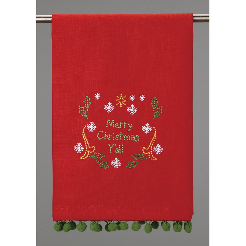 Torchon en coton brodé Merry Christmas Y'all Pom Pom