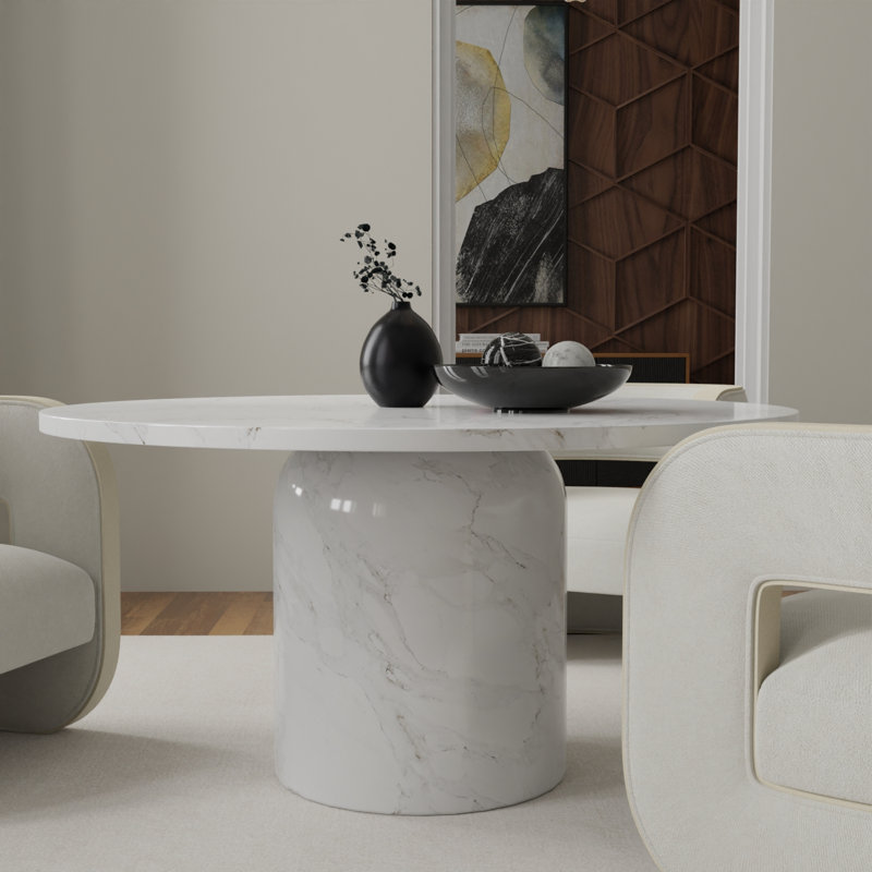 Table de salle à manger ronde en marbre Burga, Marbre blanc avec veines gris clair