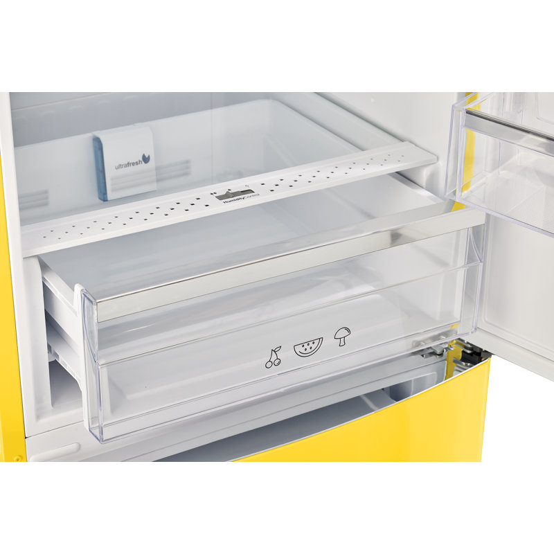 Canary Yellow Retro Bottom Freezer Refrigerator with Chrome Handles