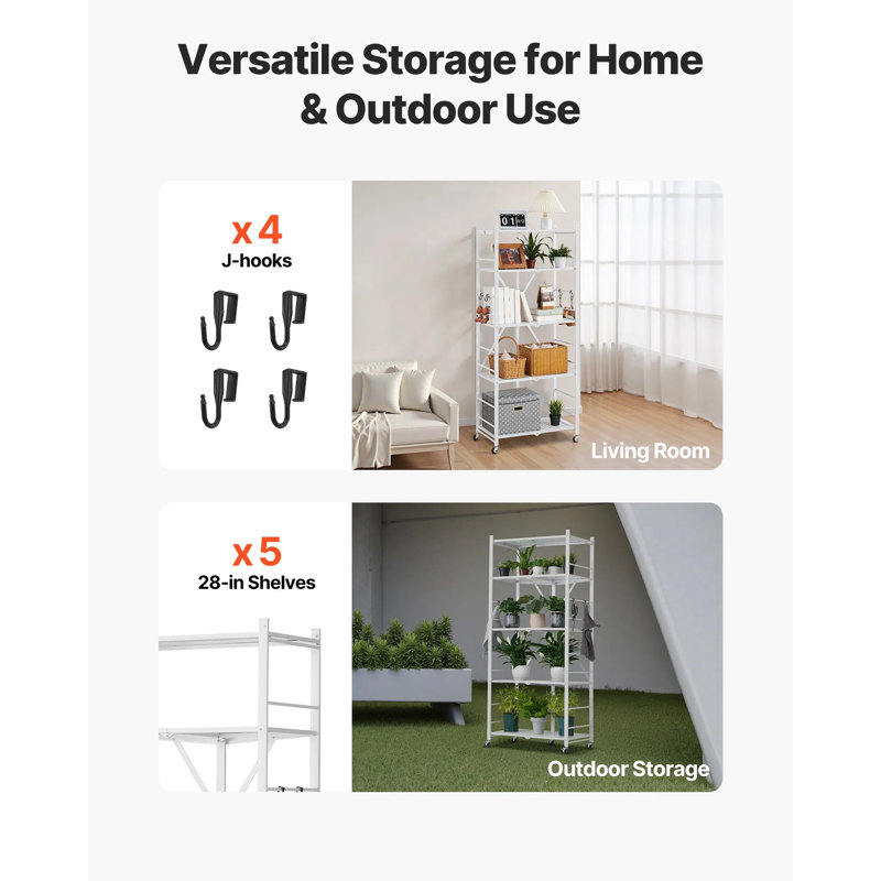 Multi-Purpose Foldable Metal Storage Shelf, Tool-Free Installation, Switchable Feet & Casters With 4 J-Hooks, Blanc