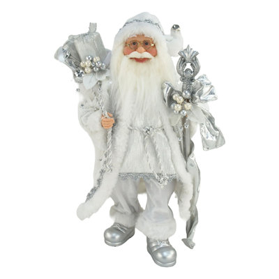 Season's Designs 18in Silver Standing Christmas Santa Figurine with Staff & Gift Sack