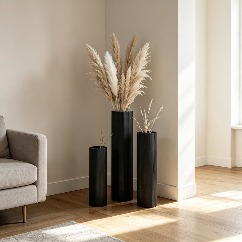 Ensemble de trois grands vases de sol côtelés, vases décoratifs en métal noir pour salon, décoration intérieure bohème et moderne, grands pots légers pour tiges séchées