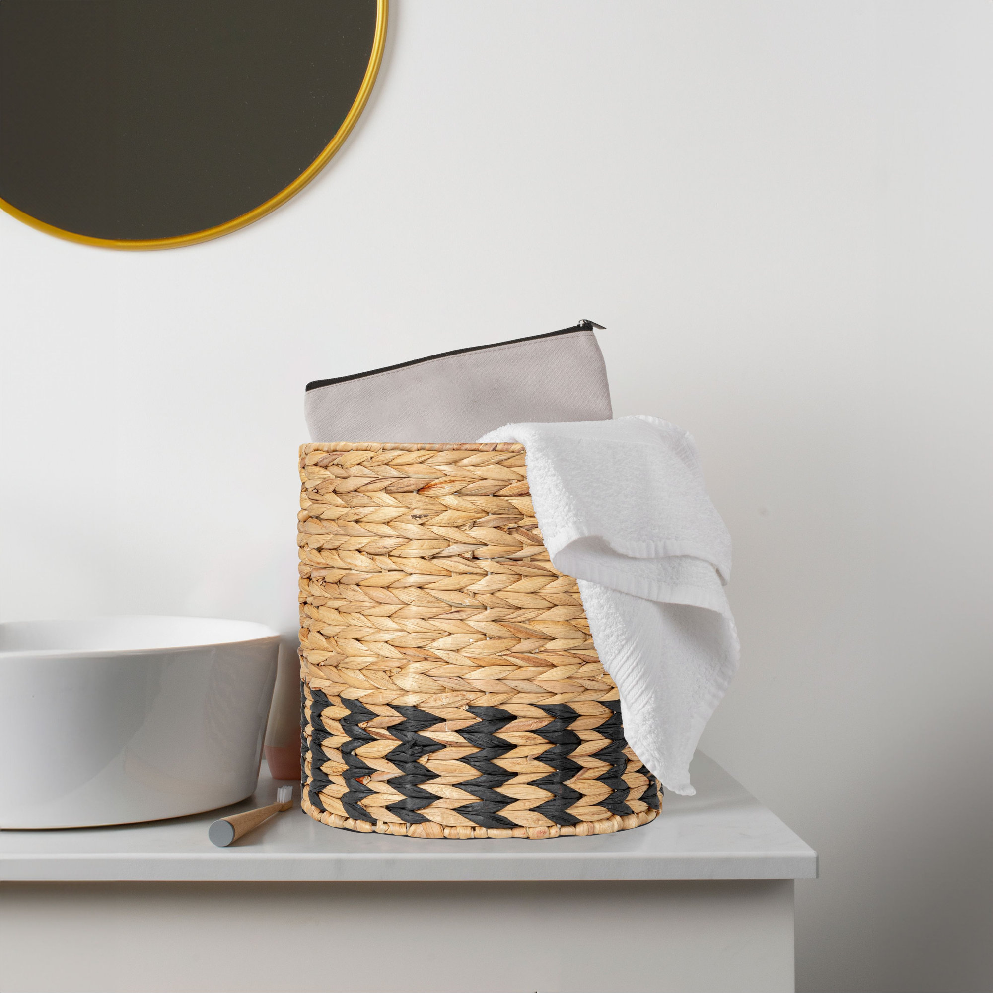 Natural Water Hyacinth And Paper Basket With Stripes - Thumbnail 2