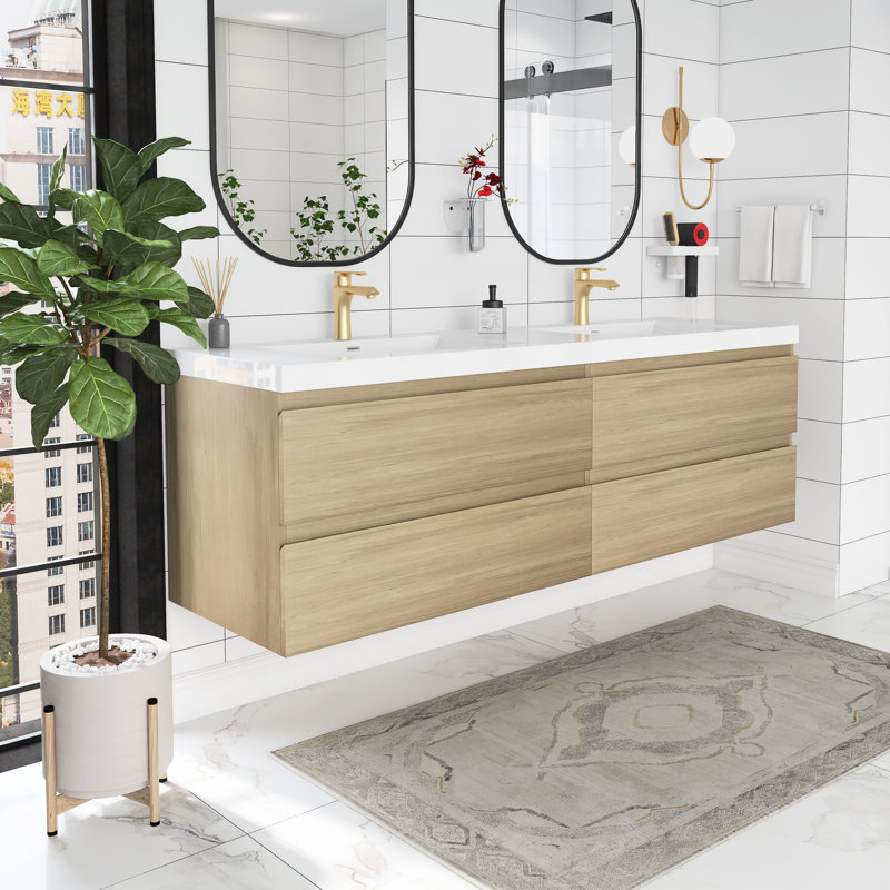 Ryton 72'' Double Sink Wall Mounted Bathroom Vanity with Resin Top, Natural Oak
