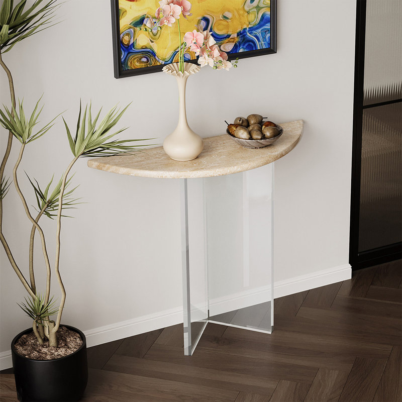 Console demi-ronde en pierre avec pieds en acrylique, H 33,46 po x l 39,37 po x P 13,78 po, Beige