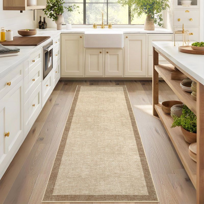 Bordered Machine Washable Rug with Rubber Backing Non Slip Soft Non Shedding Low Pile Thin Foldable Indoor Carpet, Camel