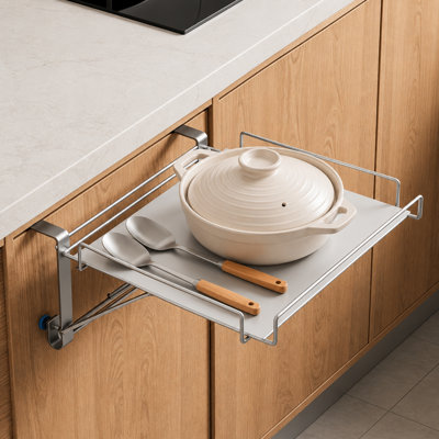 Tablette de rangement pliable pour armoire et rallonge de comptoir, support de rangement en métal pour les épices, les ustensiles et le garde-manger, argent