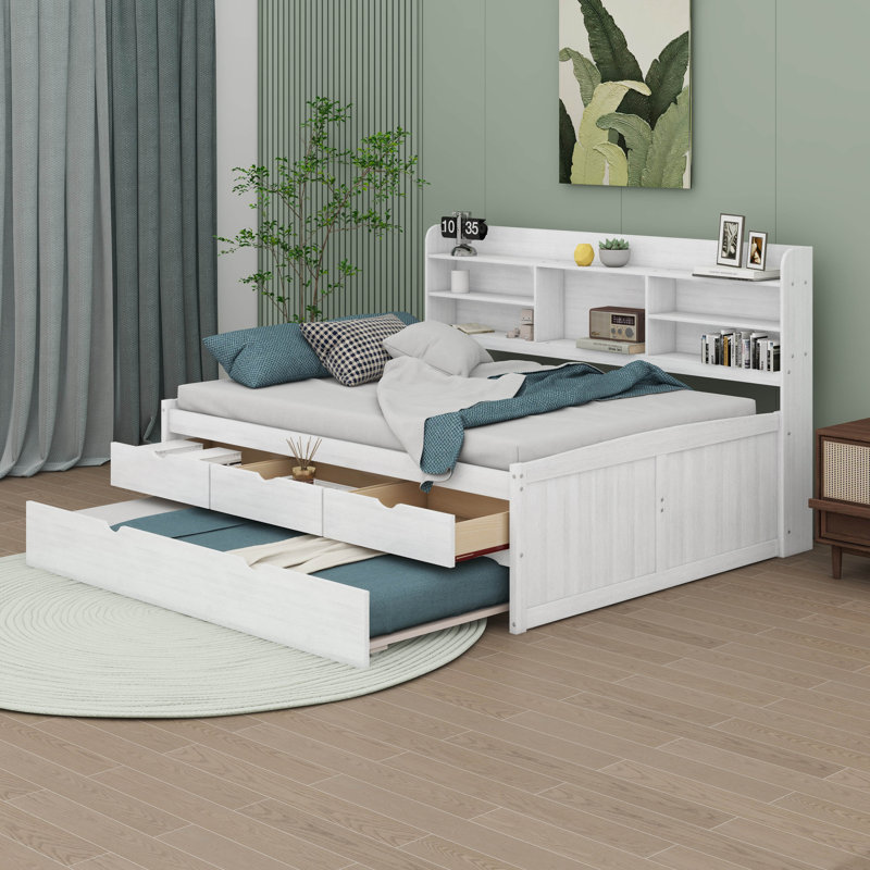 Brona Full Size Wooden Captain Bed with Built-in Bookshelves, Three Storage Drawers and Trundle, Antique Brown