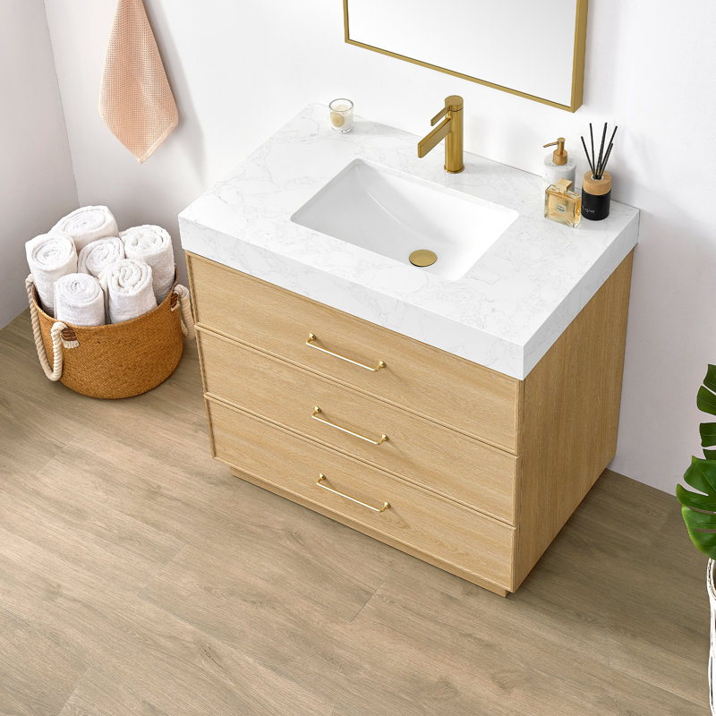 Ensemble de meuble-lavabo à simple cuve 36 po Turin avec plateau en pierre composite à grain blanc Turin